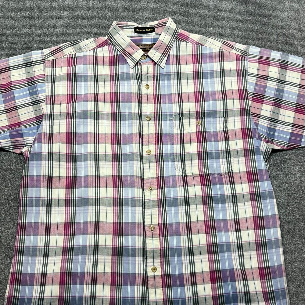 Vintage Eddie Bauer Superior Madras Shirt Mens Large Plaid Short Sleeve Cotton